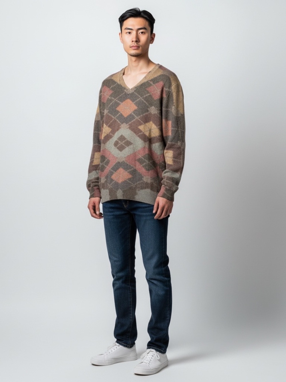 BOB Originals Men's V-Neck Patterned Sweater argyle Italian wool blend vintage